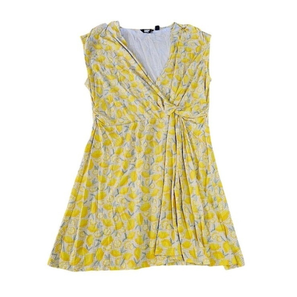 Lands End Twist Front Dress Women 2X Yellow Sleeveless Lemon Citrus Print